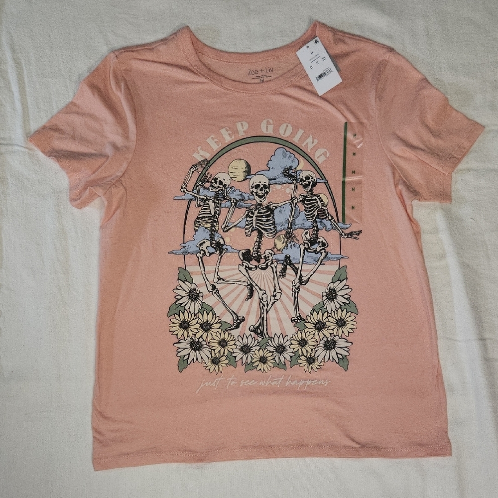 Zoe + Liv Pink Short Sleeve Tee with Flowers Skeletons